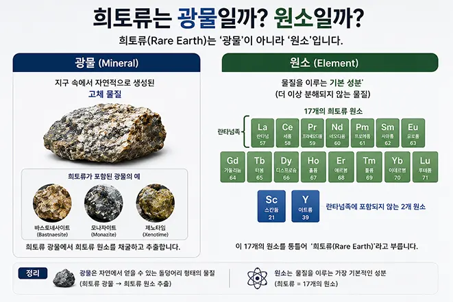 희토류(Rare Earth)가 광물이 아닌 17개의 화학 원소를 의미하며 광물과 원소의 차이를 설명하는 인포그래픽 이미지