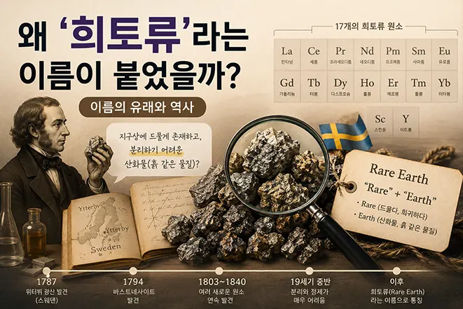 희토류(Rare Earth)라는 이름의 유래와 역사, 희토류 명칭의 탄생 배경을 설명하는 교육용 인포그래픽 이미지