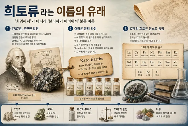 희토류(Rare Earth)라는 이름의 유래와 역사, 스웨덴 이테르뷔 광산에서 시작된 희토류 발견 과정을 설명하는 인포그래픽 이미지