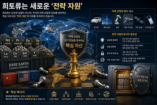 희토류가 미래 산업과 국가 안보, 첨단 기술 경쟁력을 결정하는 새로운 전략 자원인 이유를 설명하는 교육용 인포그래픽 이미지
