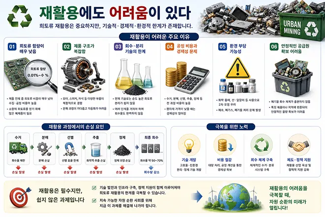 희토류 재활용의 낮은 함량, 복잡한 제품 구조, 분리·회수 기술, 높은 비용, 환경 부담과 안정적인 폐자원 확보 문제를 설명하는 인포그래픽