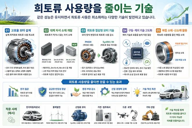 희토류 사용량을 줄이기 위한 고효율 모터 설계, 대체 자석 소재, 희토류 절감형 모터, 제어 기술과 복합 소재 활용을 설명하는 인포그래픽