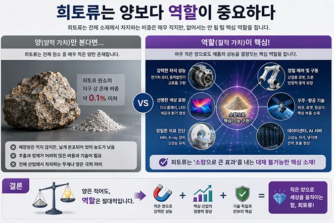희토류는 사용량은 적지만 전기자동차, 디스플레이, 의료기기, 우주항공, AI 서버 등 다양한 첨단 산업에서 핵심적인 역할을 수행하는 전략 자원임을 설명하는 교육용 인포그래픽 이미지