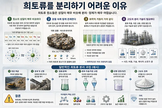 희토류(Rare Earth) 원소의 분리와 정제가 어려운 이유 및 희토류 추출 공정을 설명하는 교육용 인포그래픽 이미지