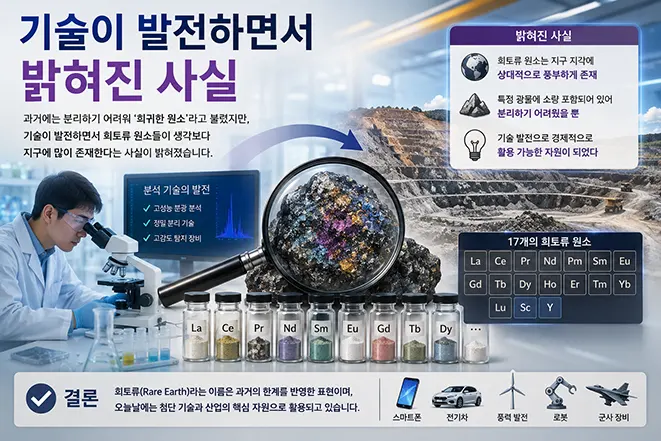 기술 발전으로 희토류(Rare Earth)가 생각보다 풍부하게 존재한다는 사실과 첨단 산업에서의 활용을 설명하는 인포그래픽 이미지