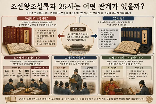 조선왕조실록과 중국 25사의 관계와 역사 편찬 전통을 비교한 인포그래픽