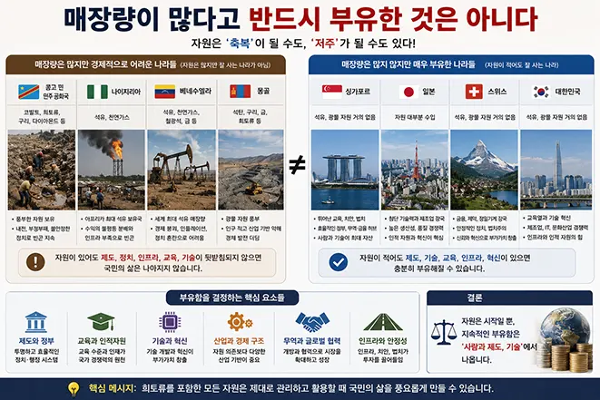 희토류와 천연자원의 매장량이 많다고 반드시 국가가 부유해지는 것은 아니라는 점을 설명하는 교육용 인포그래픽 이미지