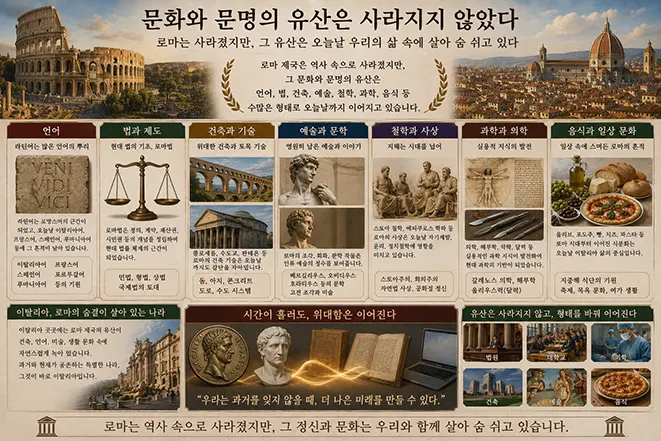 고대 로마의 언어, 법과 제도, 건축과 기술, 예술과 문학, 철학, 과학 및 생활문화가 현대 사회에 이어진 모습을 설명한 이미지
