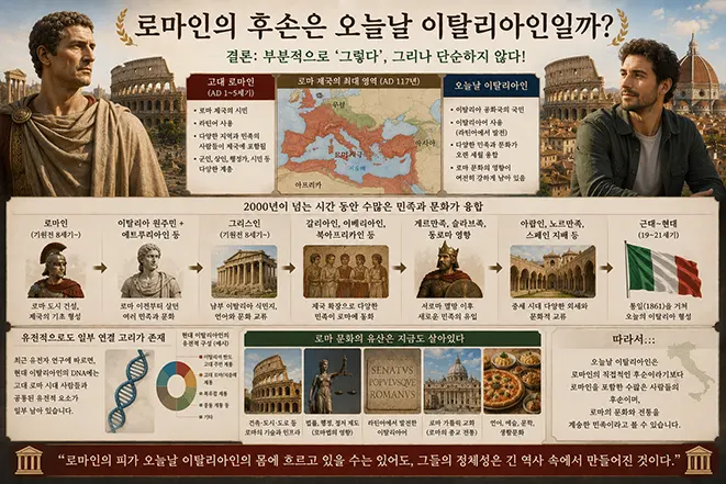 고대 로마인과 현대 이탈리아인의 관계를 로마 제국부터 중세와 이탈리아 통일까지의 역사적 변화와 문화적 유산을 통해 설명한 이미지