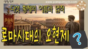 고대 로마의 도시와 황제 모습을 배경으로 오현제 다섯 황제의 이름과 업적을 소개하는 이미지