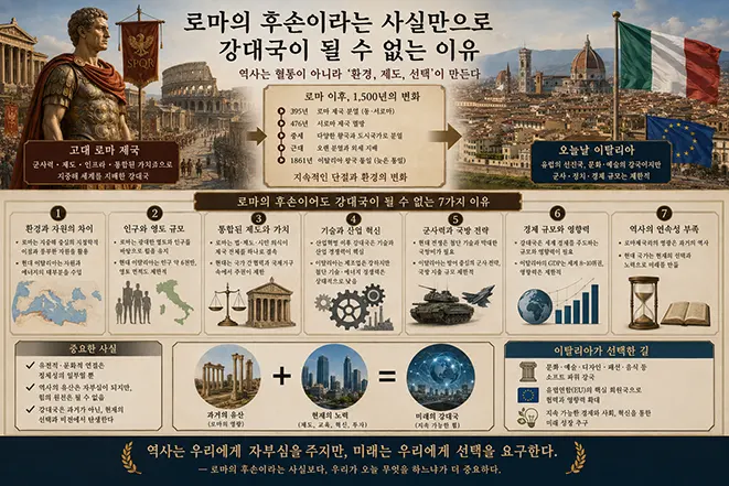 고대 로마 제국과 현대 이탈리아를 비교하며 역사적 유산만으로 강대국이 될 수 없는 이유를 제도, 인구, 기술, 군사력, 경제력 등의 요소로 설명한 이미지