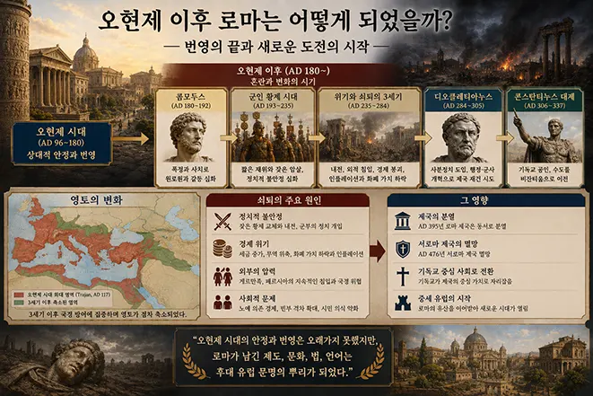 오현제 이후 콤모두스 시대부터 군인 황제 시대와 3세기의 위기, 디오클레티아누스와 콘스탄티누스의 개혁을 거쳐 변화한 로마 제국을 설명한 이미지