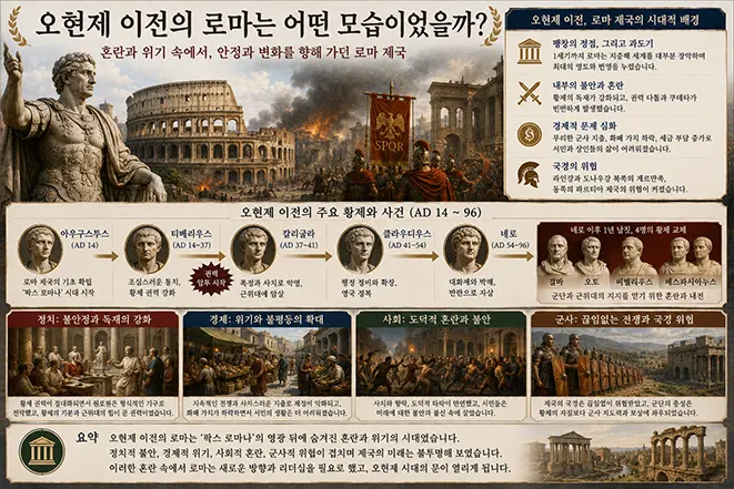 오현제 이전 로마 제국의 아우구스투스부터 도미티아누스까지 황제 계승과 정치적 혼란, 내전 및 사회적 갈등을 설명한 이미지