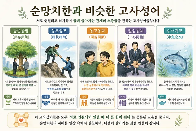 순망치한과 비슷한 고사성어를 비교한 인포그래픽으로 공존공영 상부상조 동고동락 일심동체 수어지교의 의미를 설명하는 이미지