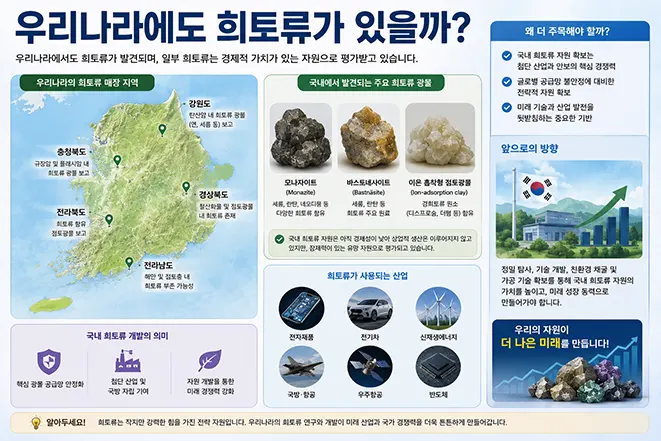 우리나라의 희토류 매장 가능 지역과 국내 희토류 광물, 활용 산업을 설명하는 교육용 인포그래픽 이미지