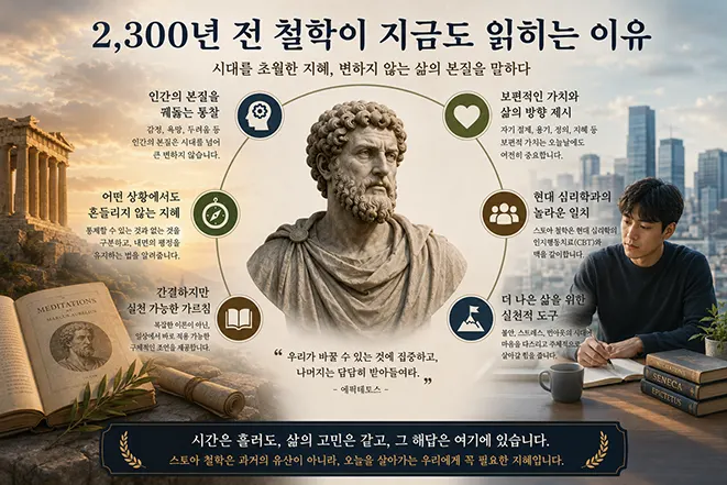 고대 스토아 철학자와 현대인을 함께 배치하여 2,300년 전 스토아 철학이 오늘날에도 읽히는 이유를 설명하는 이미지