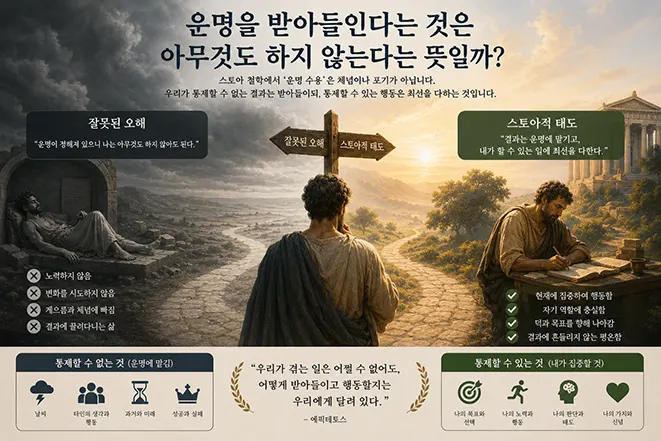 스토아 철학에서 운명을 받아들이는 것과 아무것도 하지 않는 체념의 차이를 두 갈래 길로 표현한 이미지