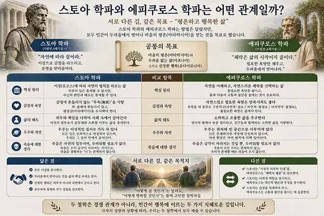 스토아 학파와 에피쿠로스 학파의 공통 목표와 행복, 감정과 욕망, 삶의 태도, 자연관, 죽음에 대한 관점을 비교한 이미지