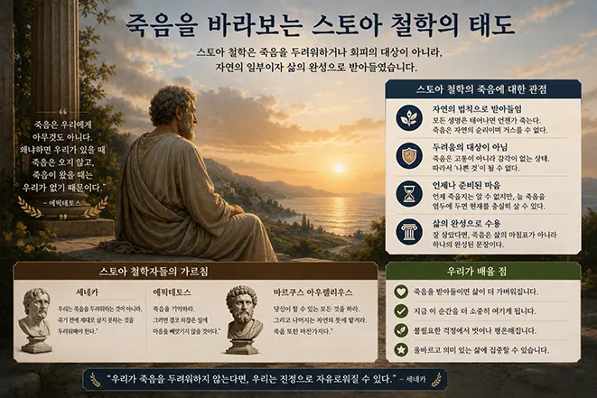 석양을 바라보는 고대 철학자와 함께 죽음을 자연의 일부로 받아들이는 스토아 철학의 태도를 설명하는 이미지