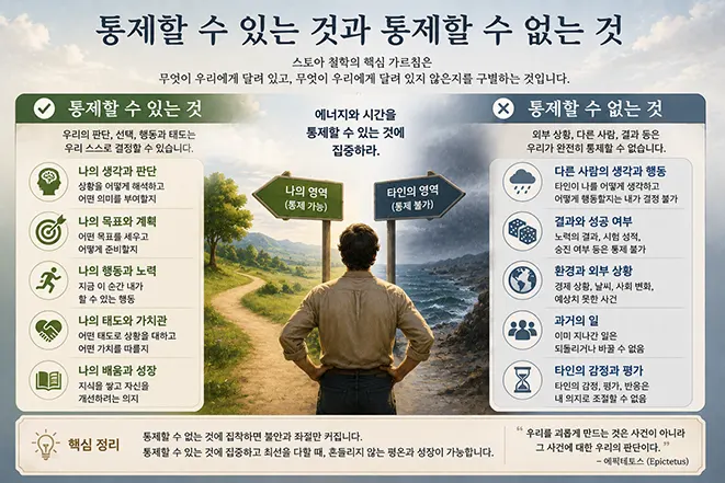 스토아 철학에서 통제할 수 있는 생각과 행동, 통제할 수 없는 외부 상황을 두 갈래 길로 구분해 설명하는 이미지