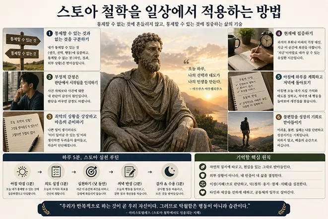 스토아 철학의 통제 구분, 감정과 판단, 현재에 집중하기, 하루 계획과 성찰 등 일상생활에서 실천하는 방법을 설명하는 이미지