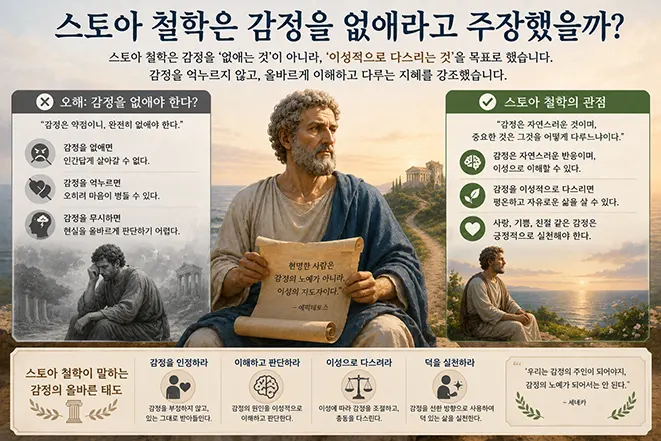 스토아 철학이 감정을 없애는 것이 아니라 감정을 인정하고 이성적으로 이해하며 다스리는 태도를 설명하는 이미지