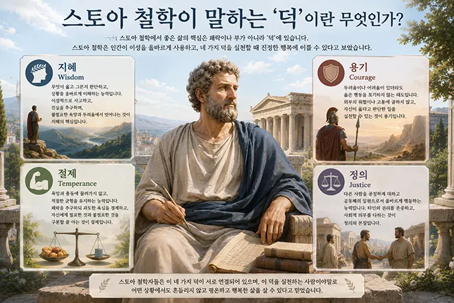 스토아 철학의 네 가지 핵심 덕인 지혜, 용기, 절제, 정의를 고대 철학자와 함께 설명하는 이미지