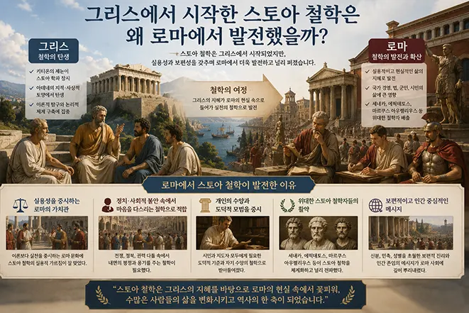 고대 그리스에서 시작된 스토아 철학이 로마로 전파되어 정치가와 지식인들에게 영향을 미치며 발전하는 과정을 표현한 이미지