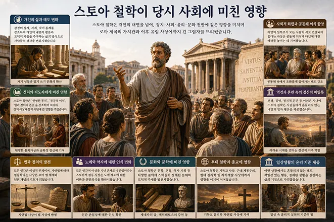 고대 로마 사회에서 스토아 철학자가 시민들에게 가르침을 전하며 개인의 삶, 정치, 법, 공동체와 윤리 등에 영향을 미치는 모습을 표현한 이미지