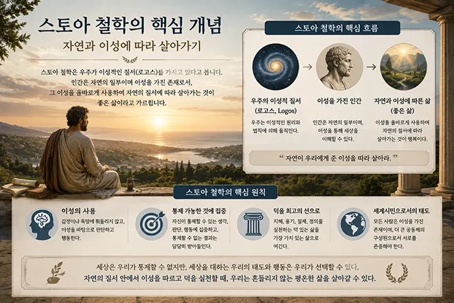 자연과 이성에 따라 살아가는 스토아 철학의 핵심 개념과 로고스, 덕, 통제 가능한 것에 대한 집중을 설명하는 이미지