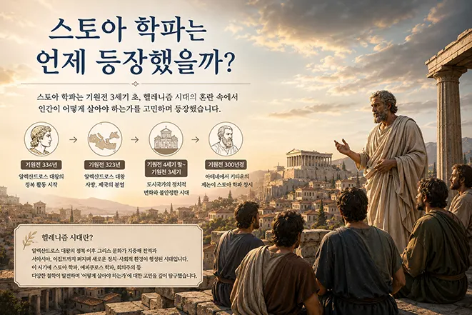 기원전 3세기경 아테네를 배경으로 스토아 학파의 등장 과정과 철학자가 제자들을 가르치는 모습을 표현한 이미지