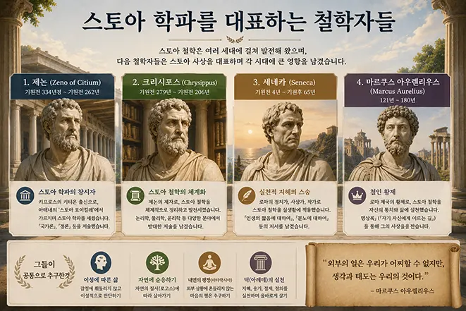 스토아 학파를 대표하는 철학자 제논, 크리시포스, 세네카, 마르쿠스 아우렐리우스를 시대별로 소개하는 이미지