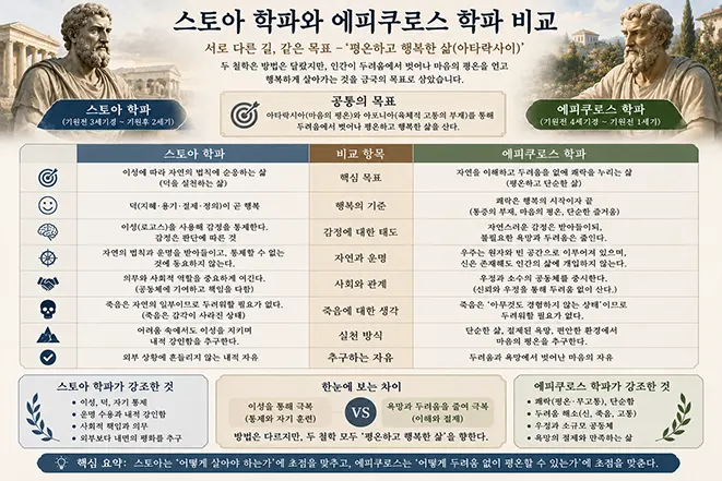 스토아 학파와 에피쿠로스 학파의 핵심 목표, 행복의 기준, 감정, 자연과 운명, 사회관, 죽음에 대한 생각과 실천 방식을 비교한 이미지