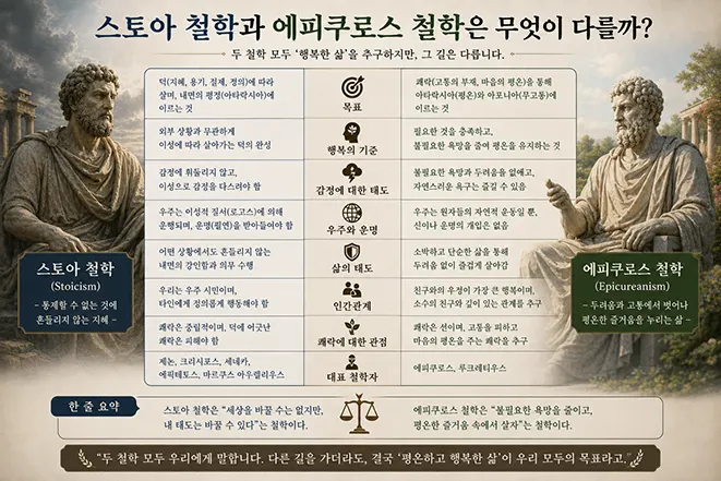 스토아 철학과 에피쿠로스 철학의 목표, 행복의 기준, 감정, 운명, 인간관계와 쾌락에 대한 관점을 비교한 이미지