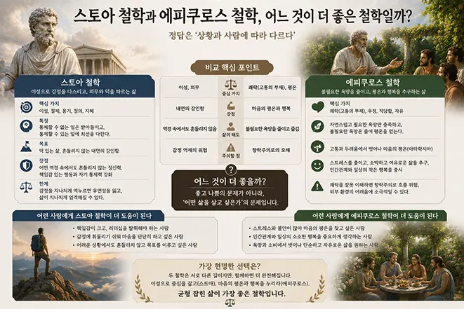 스토아 철학과 에피쿠로스 철학의 핵심 가치와 장단점을 비교하고 어떤 철학이 더 좋은지 생각해 보는 이미지