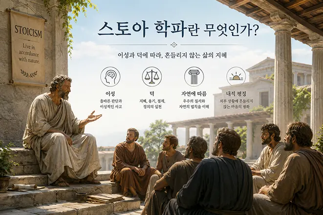 고대 그리스의 주랑에서 철학자가 사람들에게 스토아 학파의 이성, 덕, 자연에 따른 삶과 내적 평정을 설명하는 모습
