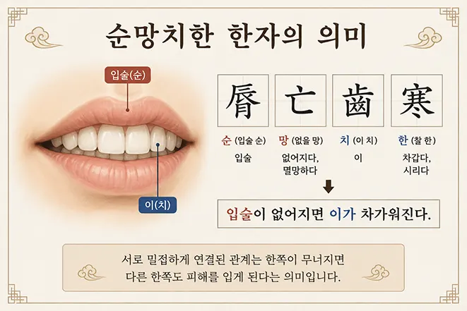 순망치한 한자의 의미를 설명하는 이미지로 입술과 치아를 통해 脣亡齒寒의 뜻을 이해할 수 있는 인포그래픽