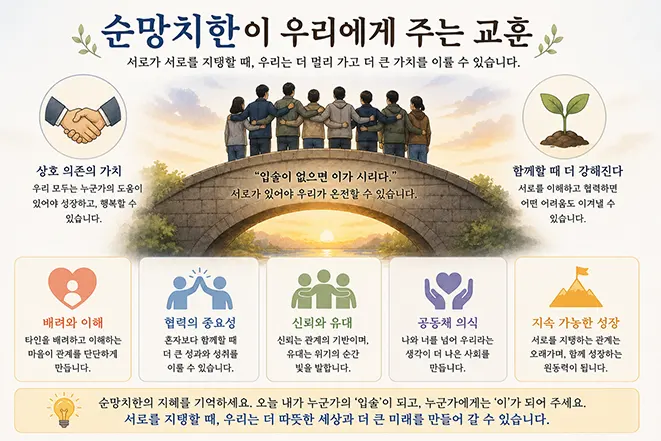 순망치한이 우리에게 주는 교훈을 설명하는 인포그래픽으로 협력과 신뢰 상호 의존의 중요성을 표현한 이미지