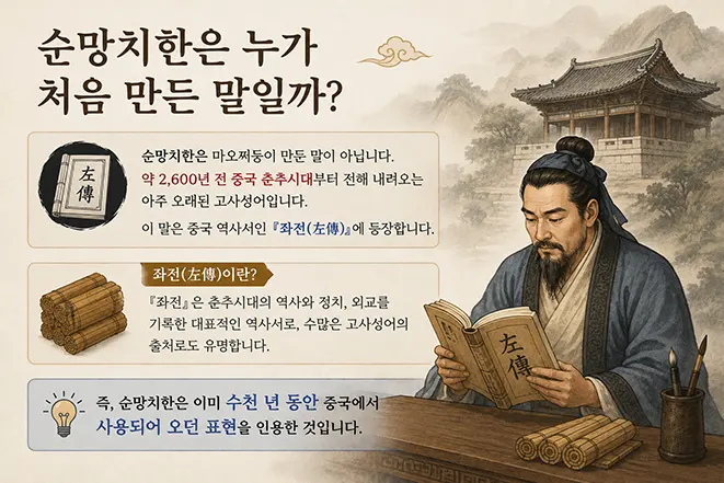 순망치한의 유래와 최초의 등장 배경을 설명하는 이미지로 중국 춘추시대 좌전에 기록된 고사성어의 기원을 소개하는 인포그래픽