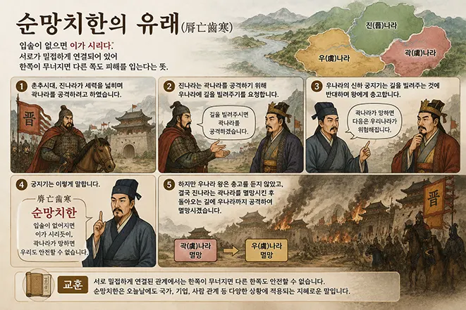 순망치한의 유래를 설명하는 인포그래픽으로 춘추시대 진나라 우나라 괵나라의 역사와 고사성어의 탄생 과정을 소개하는 이미지