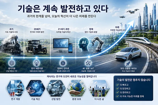 증기기관과 자동차, 컴퓨터, 인공지능과 로봇을 거쳐 미래 첨단도시로 이어지는 기술 발전의 역사를 표현한 인포그래픽