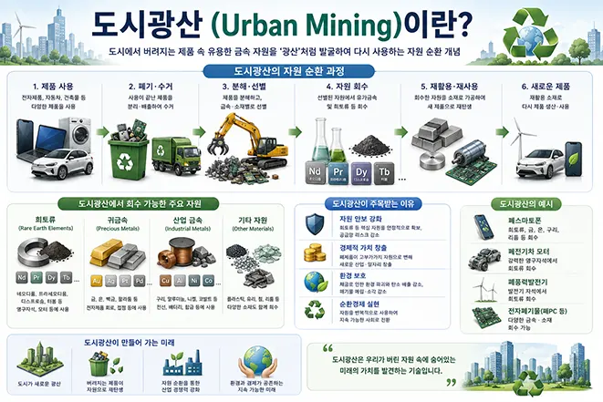 폐전자제품과 전기차, 배터리 등 도시 폐기물에서 희토류와 금속 자원을 회수해 재활용하는 도시광산 과정을 설명한 인포그래픽
