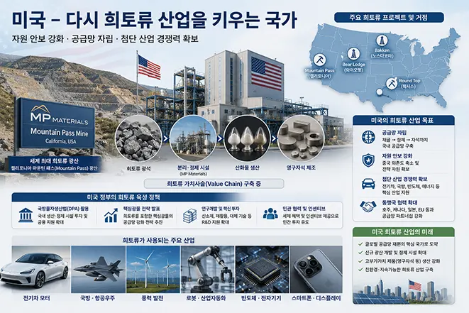 미국의 희토류 산업 육성 정책과 마운틴패스 광산, 희토류 가치사슬, 첨단 산업 활용을 설명하는 인포그래픽