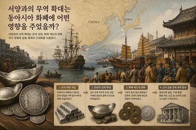 서양과의 무역 확대가 한국·중국·일본의 은화 유통과 근대 화폐제도에 미친 영향을 표현한 이미지