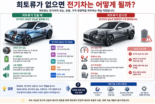 희토류가 없는 경우 전기자동차의 모터 성능, 주행거리, 에너지 효율, 차량 무게 등에 어떤 변화가 생기는지를 비교하여 설명하는 교육용 인포그래픽 이미지
