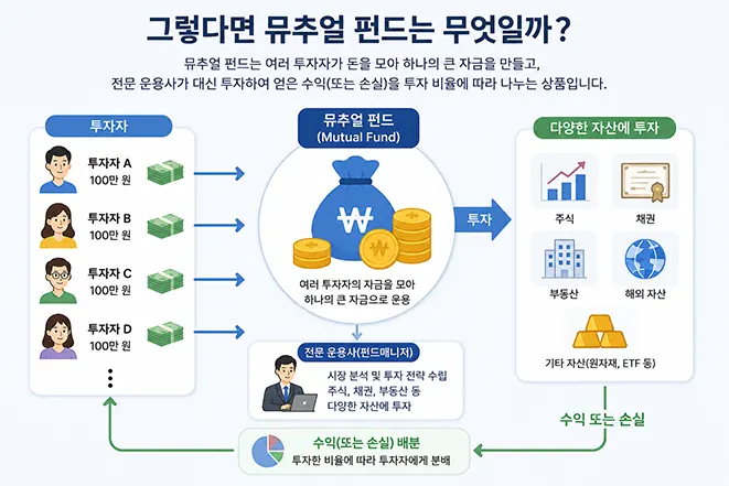 여러 투자자가 자금을 모아 전문 운용사가 다양한 자산에 투자하는 뮤추얼 펀드 구조를 설명하는 인포그래픽