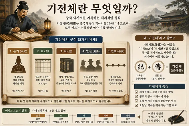 기전체의 구성과 본기, 표, 지, 열전, 연표를 설명하는 중국 역사서 인포그래픽