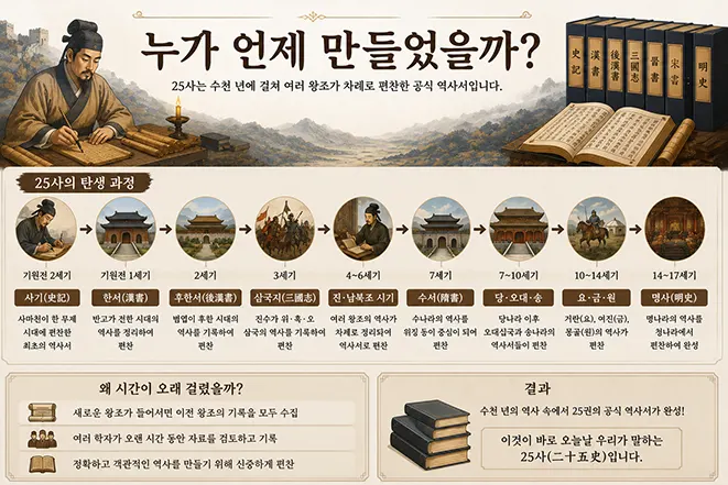 중국 25사가 여러 왕조를 거치며 편찬된 과정을 설명하는 인포그래픽