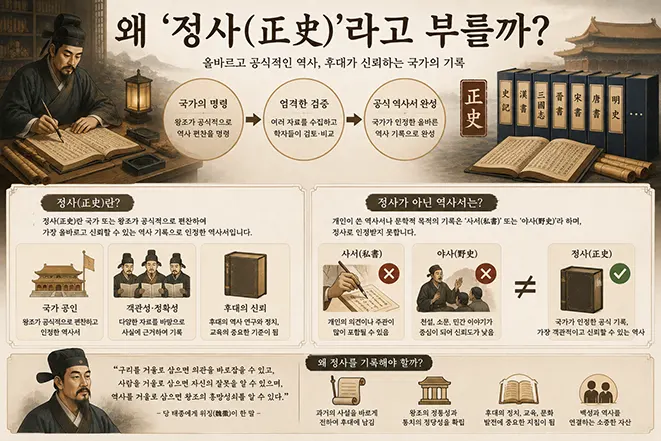 중국 25사가 왜 정사(正史)로 불리는지 편찬 과정과 특징을 설명하는 인포그래픽