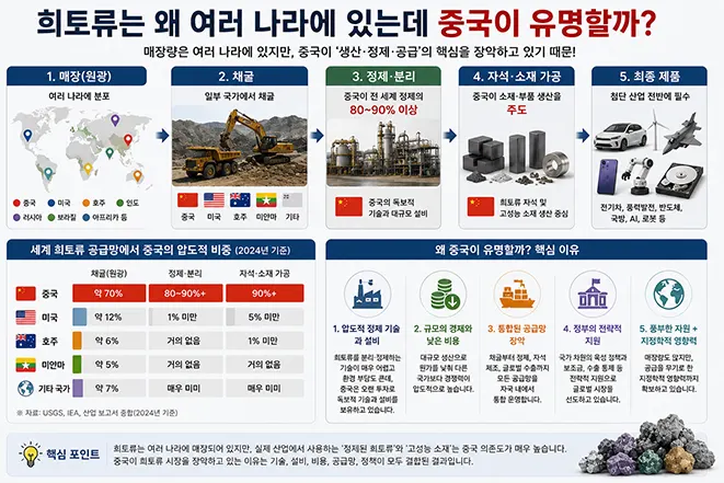 희토류가 여러 나라에 매장되어 있지만 중국이 생산과 정제, 공급망을 주도하는 이유를 설명하는 교육용 인포그래픽 이미지